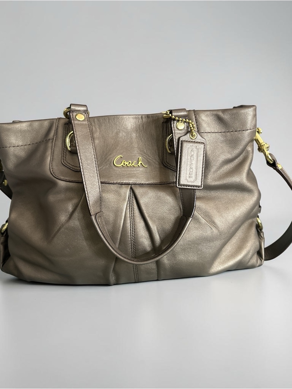 Coach Metallic Taupe Bronze Leather Tote Bag